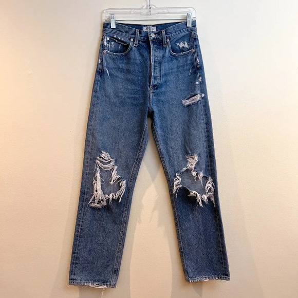 AGOLDE Distressed Medium Wash Denim Straight Leg High Waist Classic Jeans  25 - Picture 2 of 9